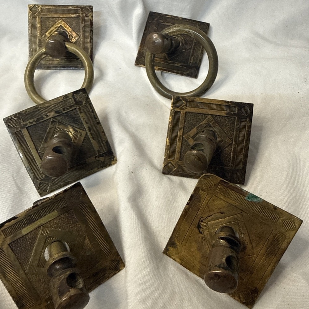 Vintage Lot Brass 6 Arts & Crafts drawer Square Ring pull Steampunk Boho Diamond